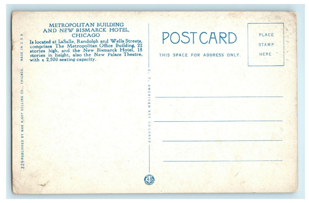 c1920's Metropolitan Building and New Bismarck Hotel Chicago Illinois Postcard