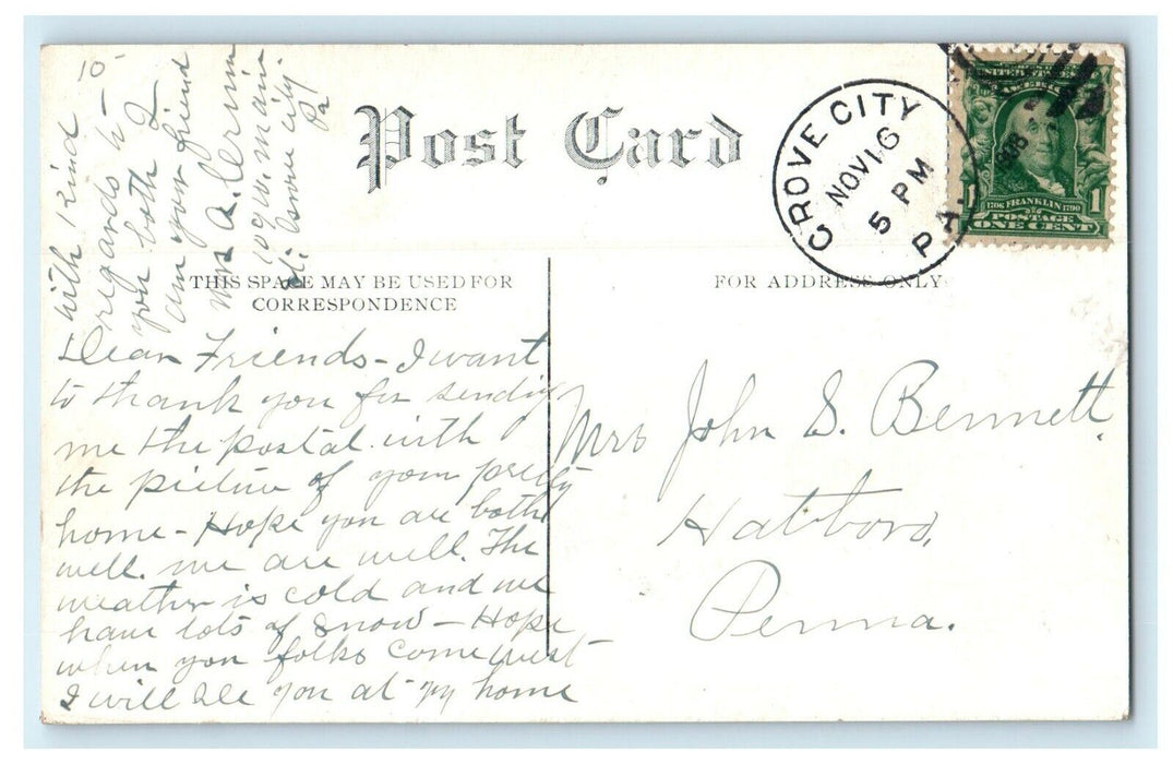 1908 Grove City College Music Hall Pennsylvania PA Posted Antique Postcard