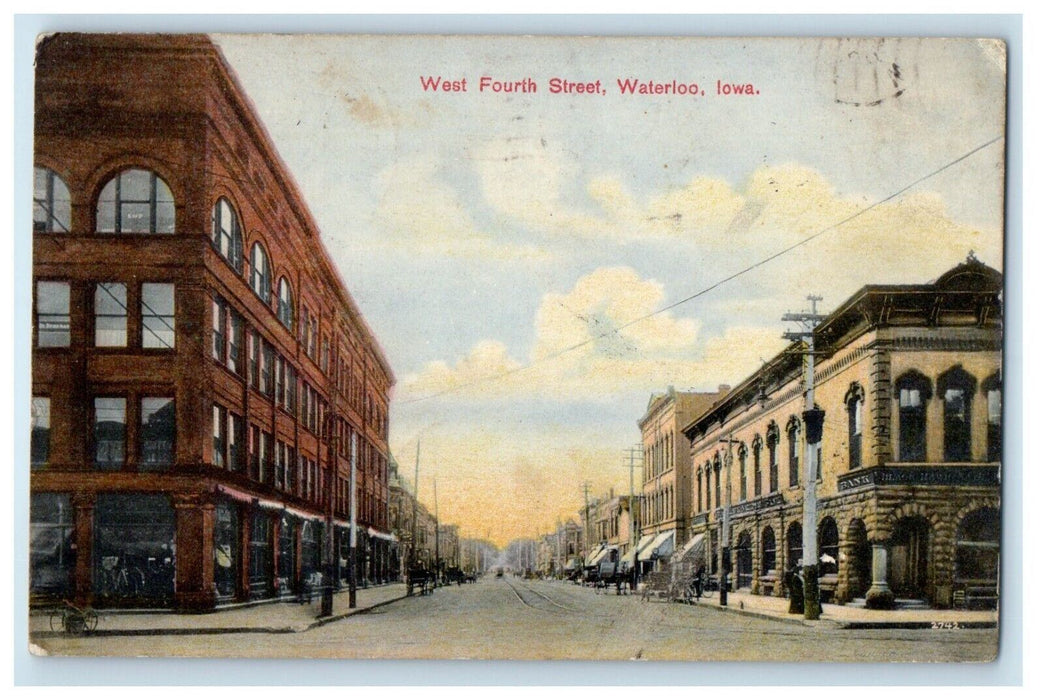 1907 West Fourth Street View Buildings Waterloo Iowa IA Posted Antique Postcard