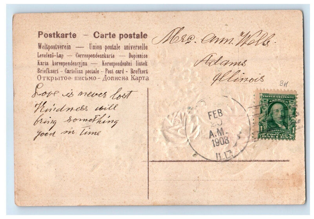 1908 Greetings From Adams Illinois IL Flowers Embossed Antique Postcard