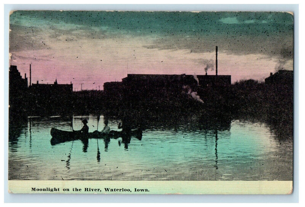 1914 Moonlight On The River Canoeing Waterloo Iowa IA Posted Antique Postcard