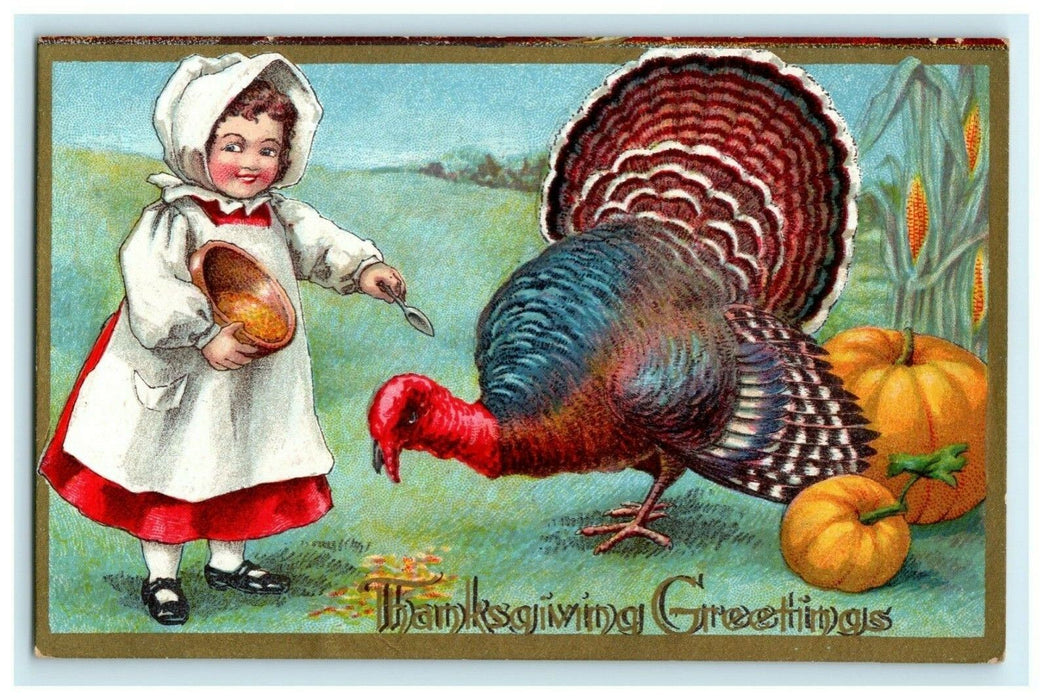 Winsch Back Thanksgiving Child Feeding Turkey Pumpkins c1910 Hagerstown Postcard