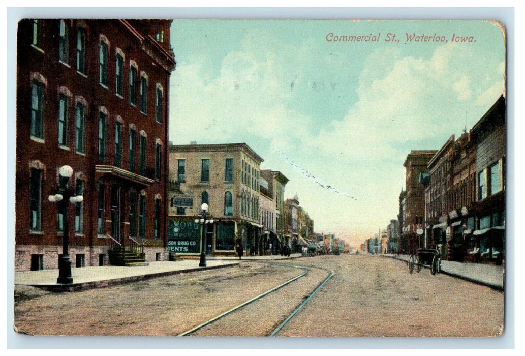c1910's View Of Commercial Street Waterloo Iowa IA Posted Vintage Postcard
