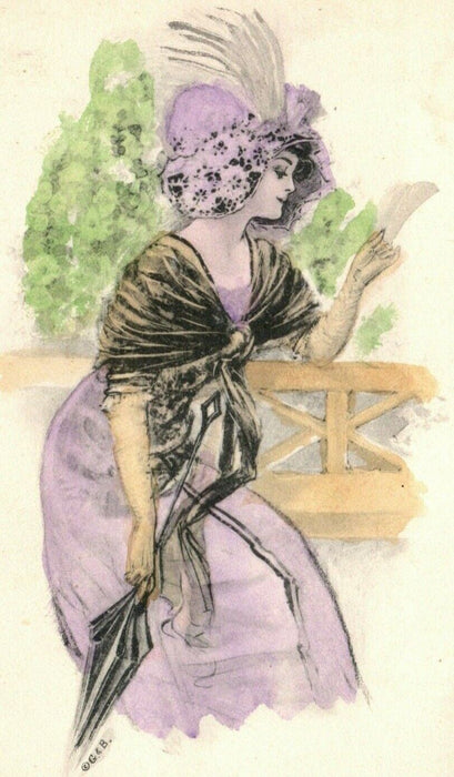 c1910 Woman Purple Dress Victorian Hat w/ Parasol Handcolored Postcard