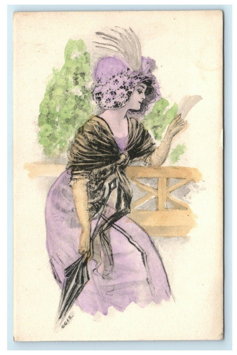 c1910 Woman Purple Dress Victorian Hat w/ Parasol Handcolored Postcard