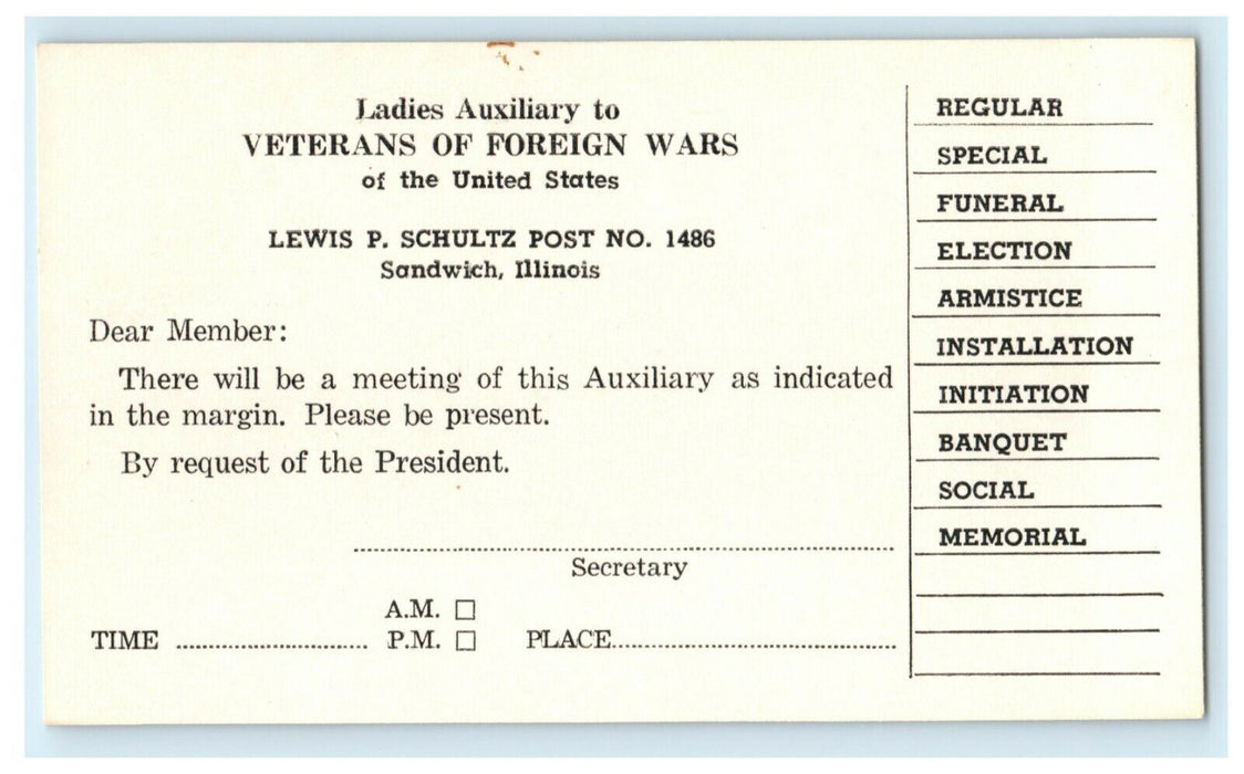 Ladies Auxiliary Veterans Foreign Wars Sandwich Illinois Invitation Postcard