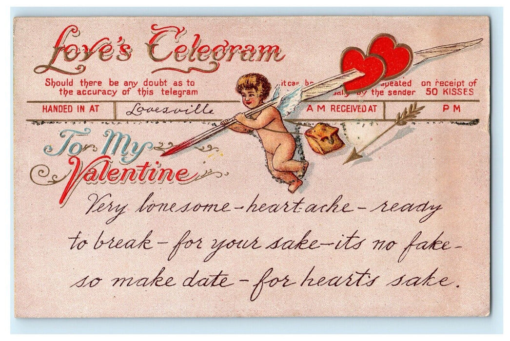 John Winsch Valentine c1910 Angel Heart Feather Pen Bow Antique Postcard