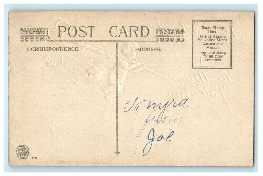 John Winsch Valentine c1910 Angel Heart Feather Pen Bow Antique Postcard