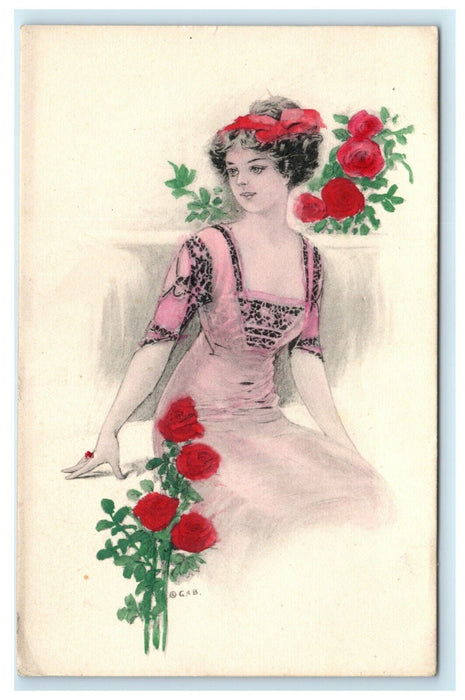 c1910 Woman in Pink Dress w/ Roses G&B Antique Handcolored Postcard