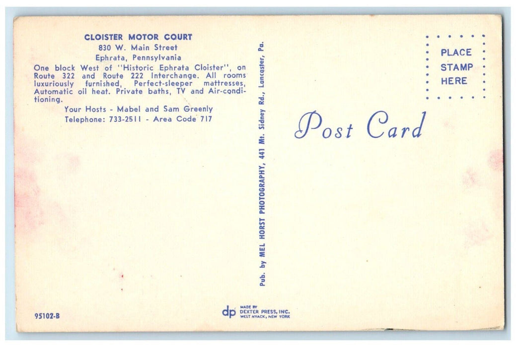 c1960's Cloister Motor Main Street Historic Ephrata Pennsylvania Penn Postcard