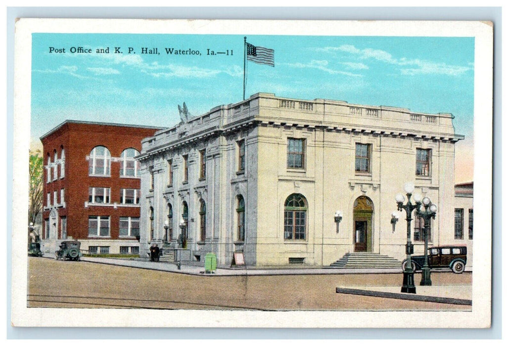 c1910's Post Office And K.P. Hall Building Cars Waterloo Iowa IA Postcard
