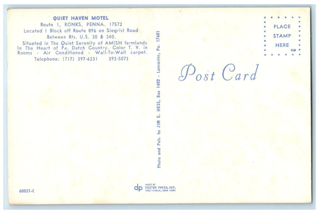 c1960's Quiet Haven Motel Hotel Siegrist Road Route  Ronks Pennsylvania Postcard