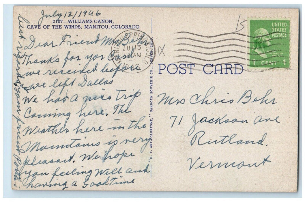 c1916 Williams Canon Cave Winds Temple Drive Cliffs Manitou Colorado CO Postcard