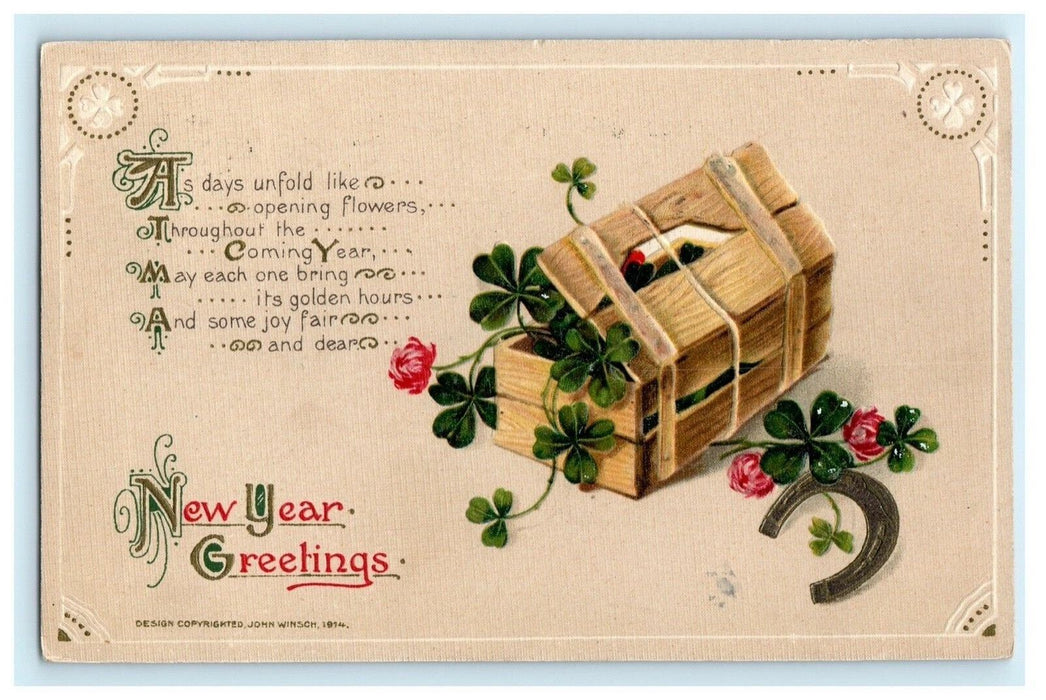 John Winsch New Year Wooden Box Clover 1914 Embossed Ohio Antique Postcard