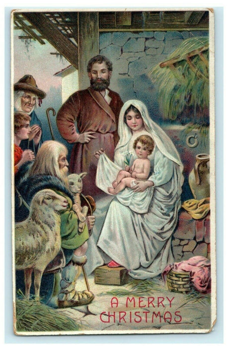 1909 Merry Christmas Manger Sheep Mary Religious Woodstock Illinois IL Postcard