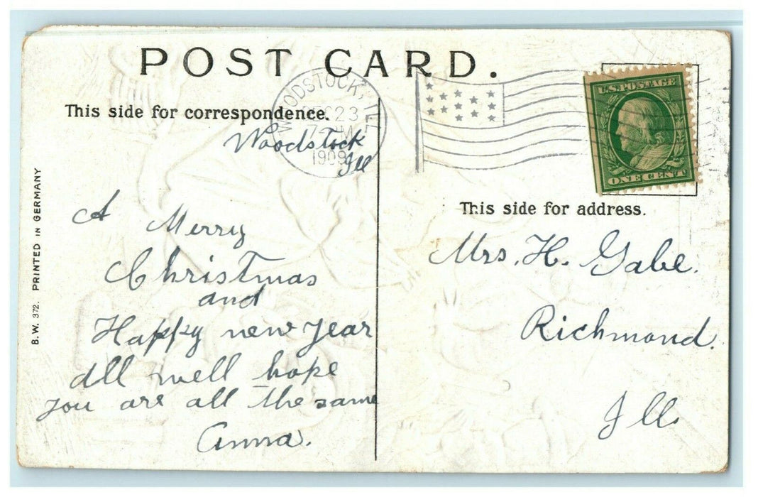 1909 Merry Christmas Manger Sheep Mary Religious Woodstock Illinois IL Postcard