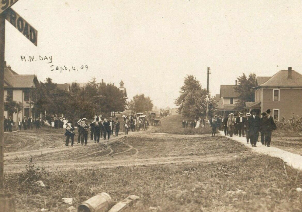 1909 Kempton Illinois R.N. Day Parade Band Procession RPPC Photo Postcard