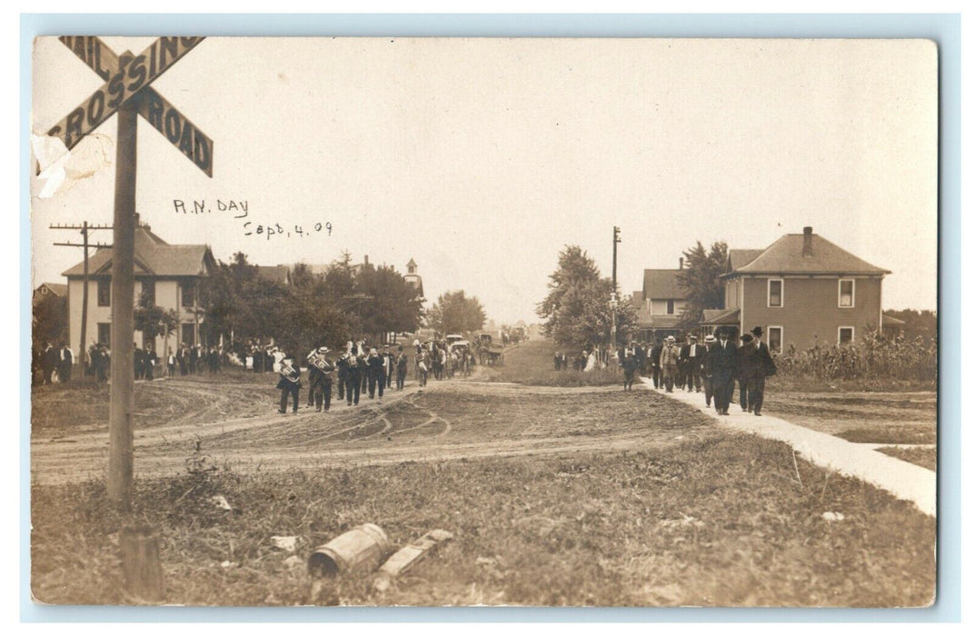 1909 Kempton Illinois R.N. Day Parade Band Procession RPPC Photo Postcard