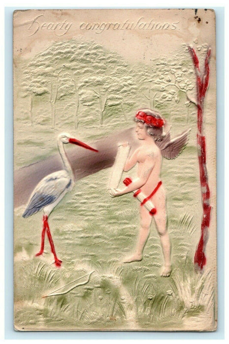 1915 Baby Birth Congratulations Airbrushed Stork Cherub Antique Unique Postcard