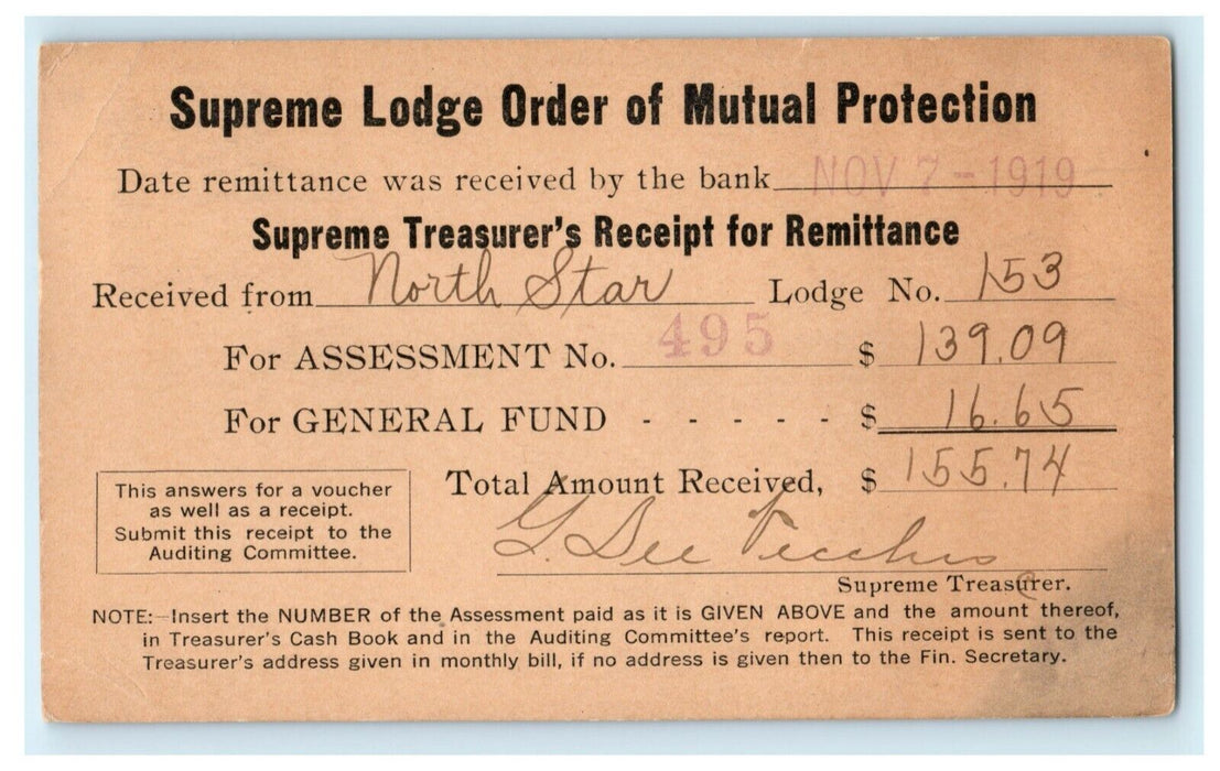 1919 Supreme Lodge Order Mutual Protection Receipt Chicago Illinois IL Postcard
