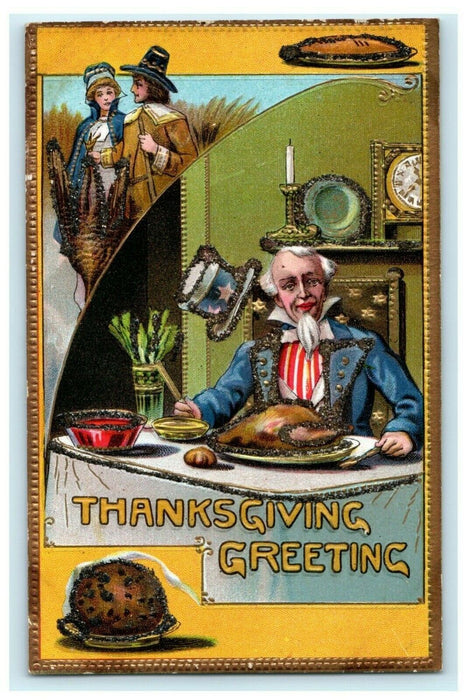 1909 Glitter Thanksgiving Uncle Sam Pilgrims Figgy Pudding Antique Postcard