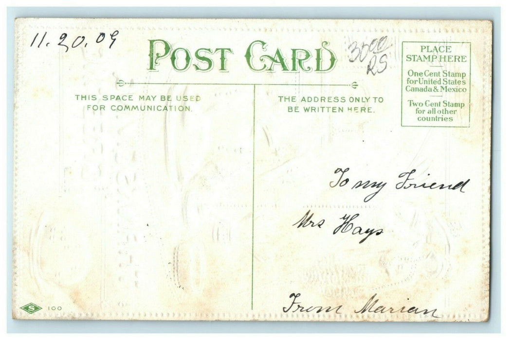 1909 Glitter Thanksgiving Uncle Sam Pilgrims Figgy Pudding Antique Postcard
