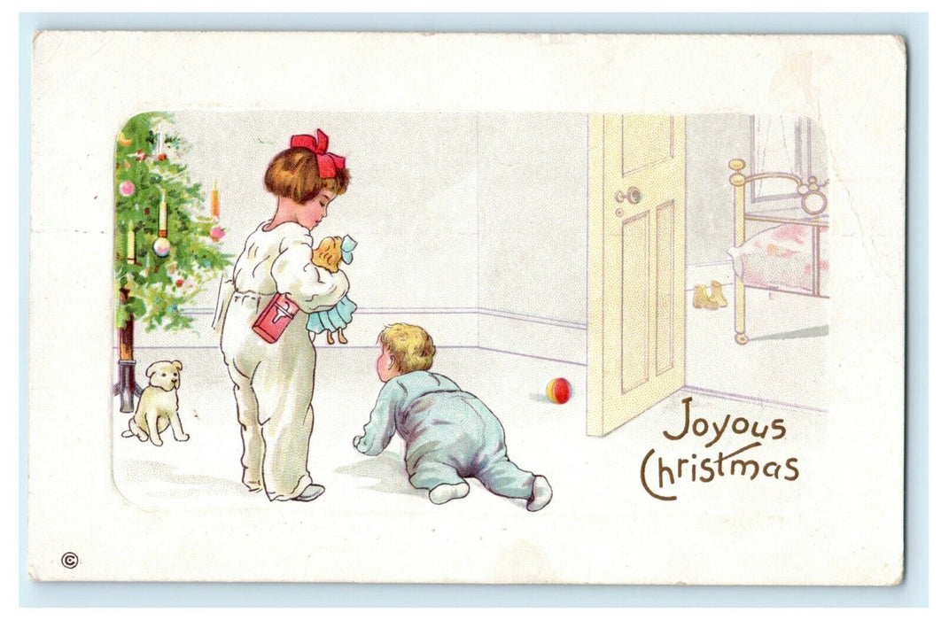 1913 Christmas Children Girl w/ Doll Baby Dog Christmas Tree Ransom IL Postcard