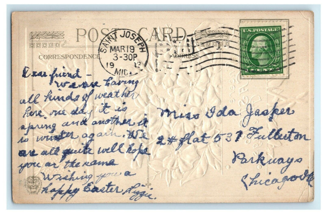 1913 Easter Winsch Back Rabbits Flowers St. Joseph Michigan MI Antique Postcard