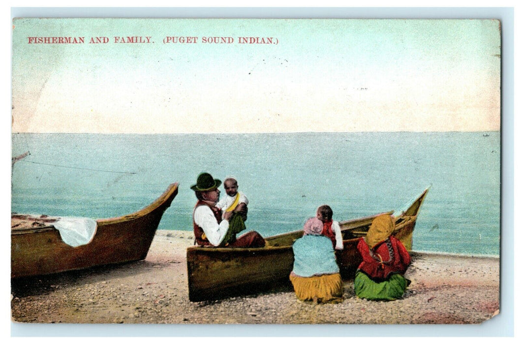 1912 Fisherman & Family Puget Sound Indian Native American Seattle WA Postcard