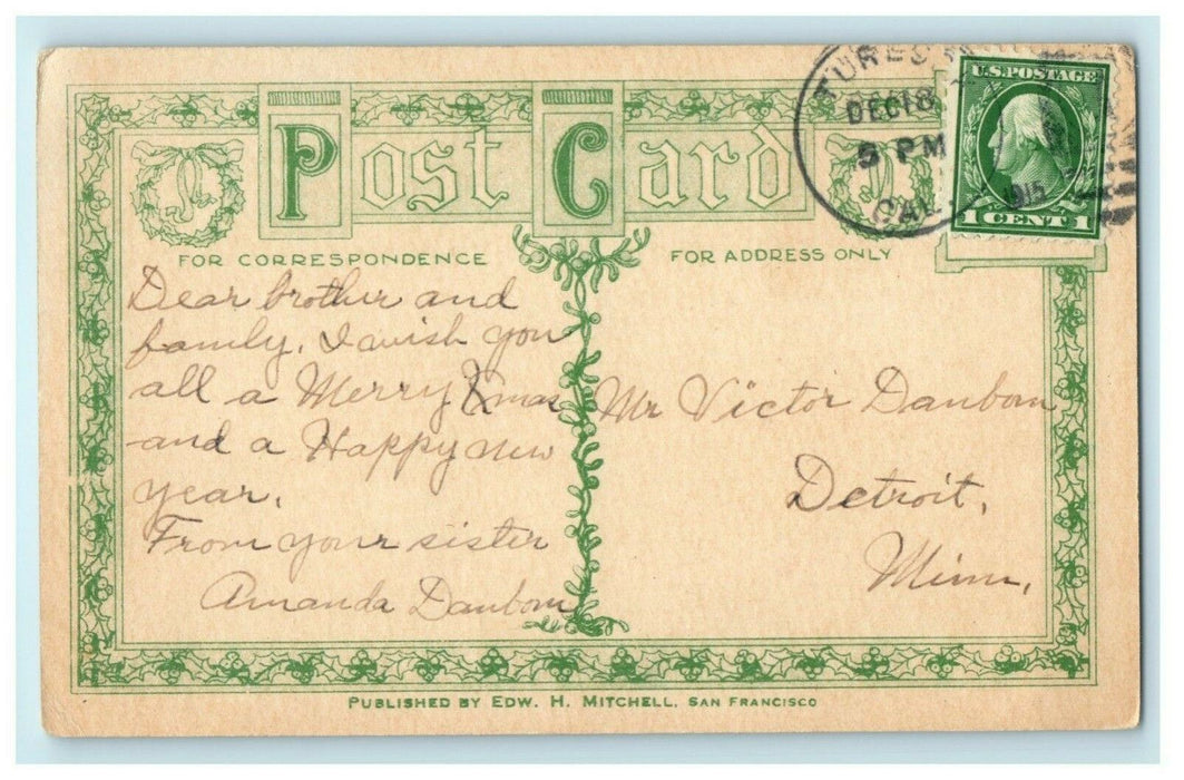 1915 Christmas Greetings From California CA Mountains Antique Postcard