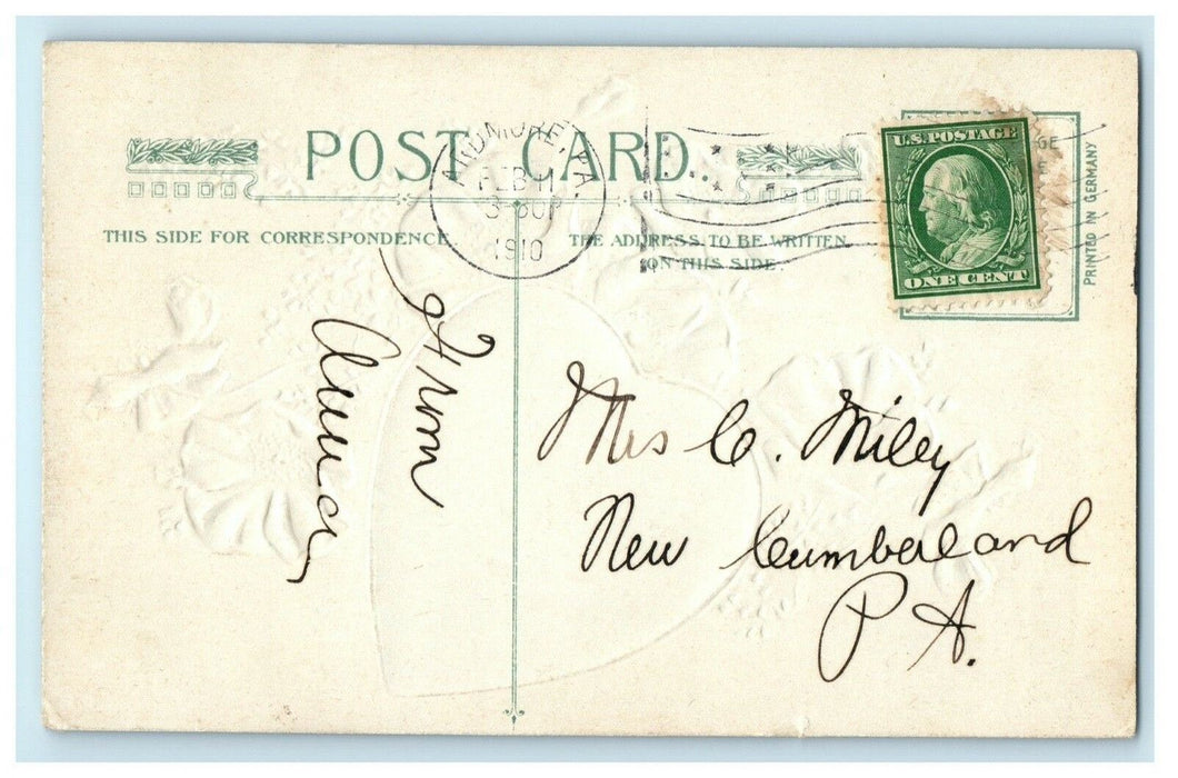 John Winsch Valentine 1910 White Heart Flower Embossed Antique Postcard