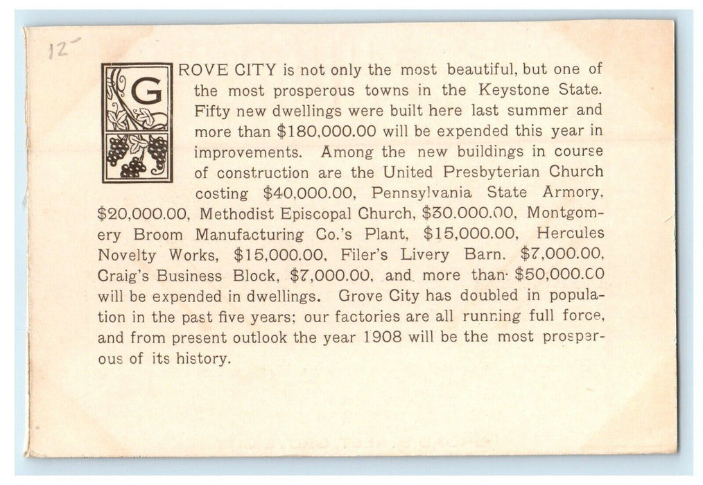 c1908 Broad Street in Grove City, Pennsylvania PA Advertising Postcard