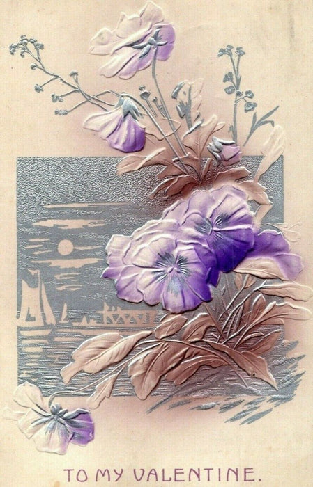 1912 Beautiful Valentine Airbrushed Embossed Purple Flowers Sailboat Postcard