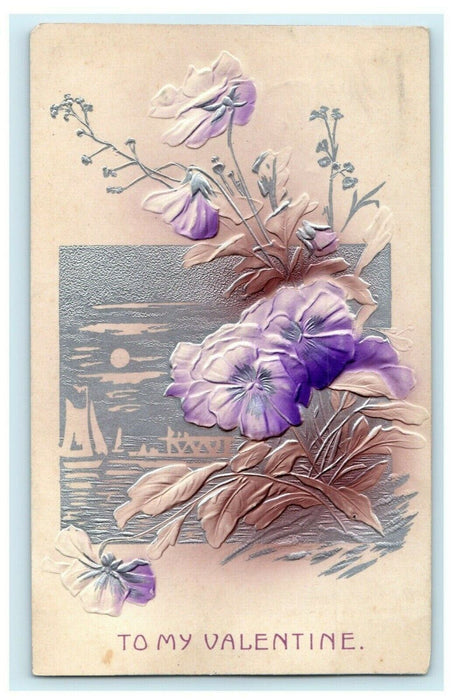 1912 Beautiful Valentine Airbrushed Embossed Purple Flowers Sailboat Postcard
