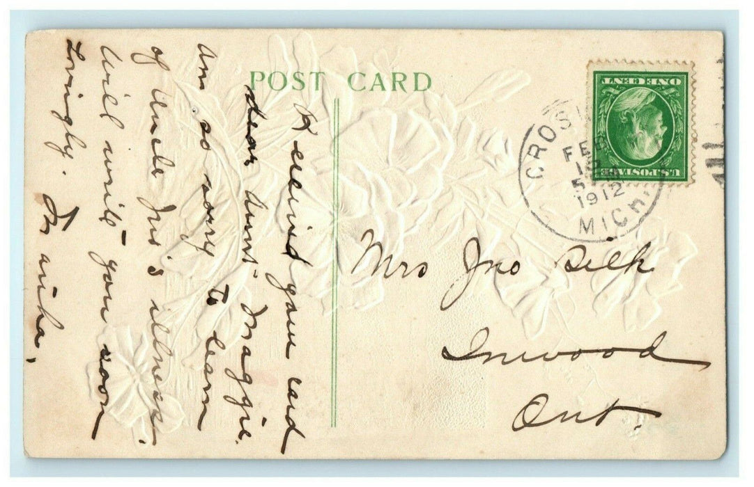 1912 Beautiful Valentine Airbrushed Embossed Purple Flowers Sailboat Postcard