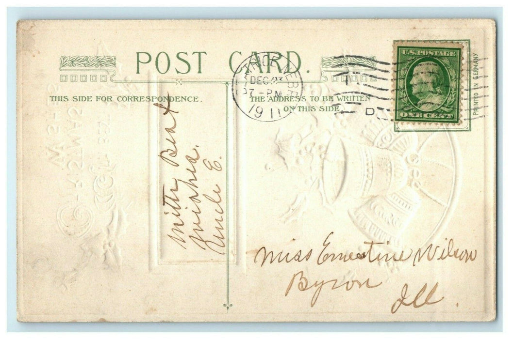 1911 John Winsch Christmas Bells Cottage Beatrice Nebraska NE Antique Postcard