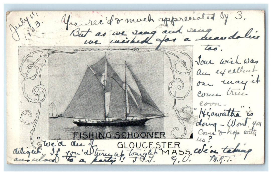 1903 Fishing Schooner, Gloucester Massachusetts MA PMC Antique Postcard