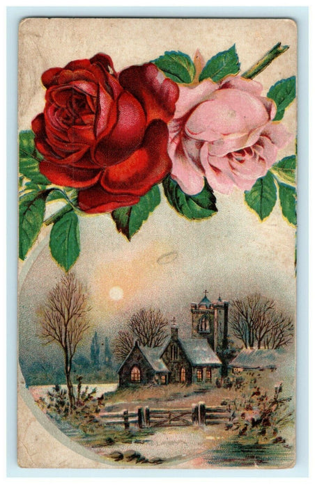 c1910 West Frankfort Illinois IL Clothing Advertising Roses Church Postcard