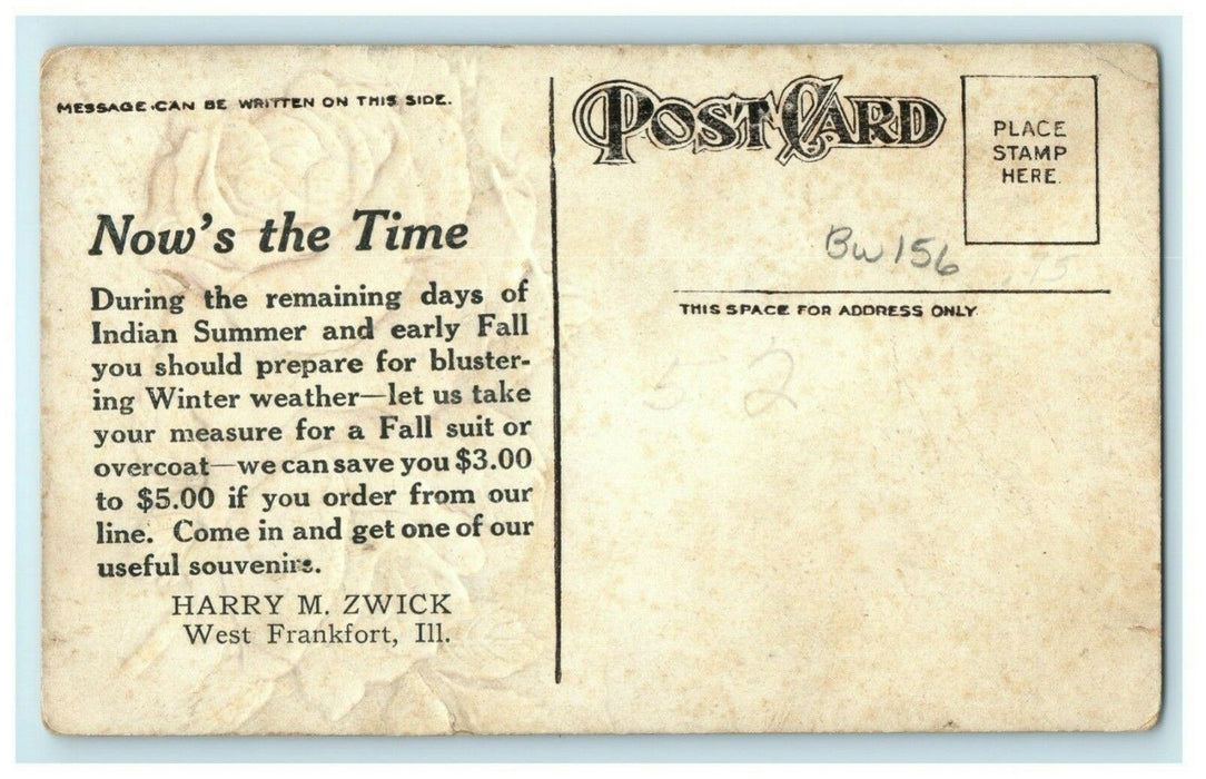 c1910 West Frankfort Illinois IL Clothing Advertising Roses Church Postcard