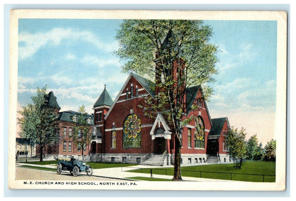 c1910 M.E. Church And High School North East Pennsylvania PA Antique Postcard