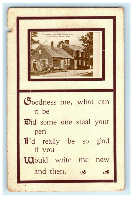 1913 Birthplace Sewing Machine Spencer Massachusetts MA Antique Thick Postcard