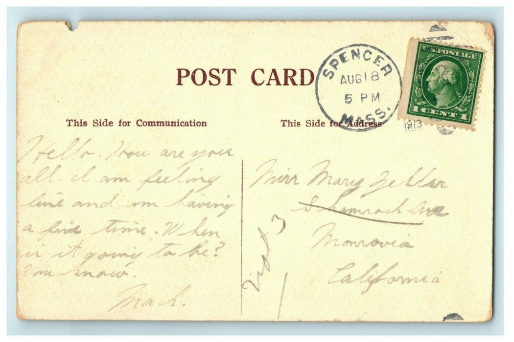 1913 Birthplace Sewing Machine Spencer Massachusetts MA Antique Thick Postcard