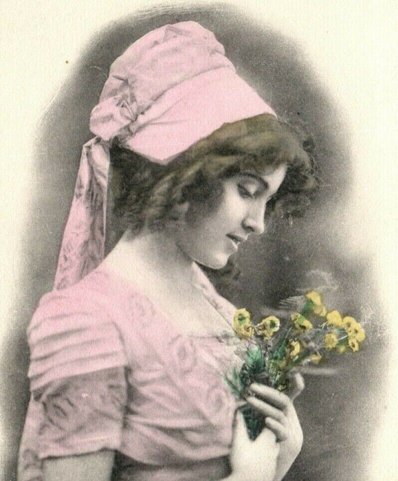 c1910 Woman in Pink Holding Flowers G&B Antique Handcolored Postcard