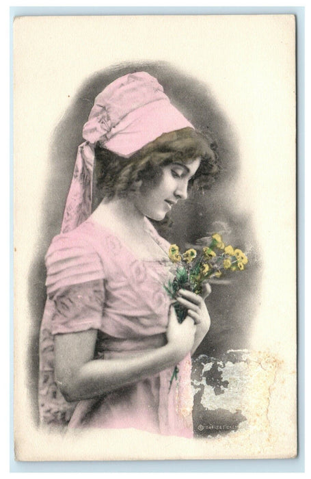 c1910 Woman in Pink Holding Flowers G&B Antique Handcolored Postcard