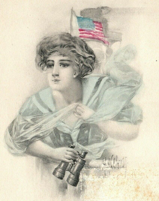 c1910 Woman in Blue Dress w/ Binoculars & Flag G&B Antique Handcolored Postcard