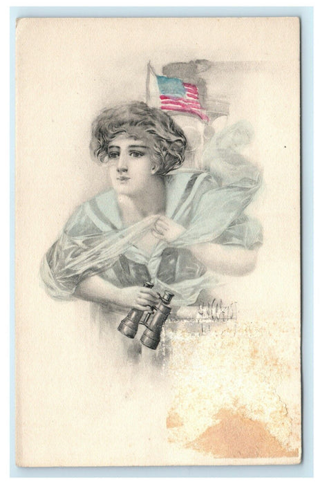 c1910 Woman in Blue Dress w/ Binoculars & Flag G&B Antique Handcolored Postcard