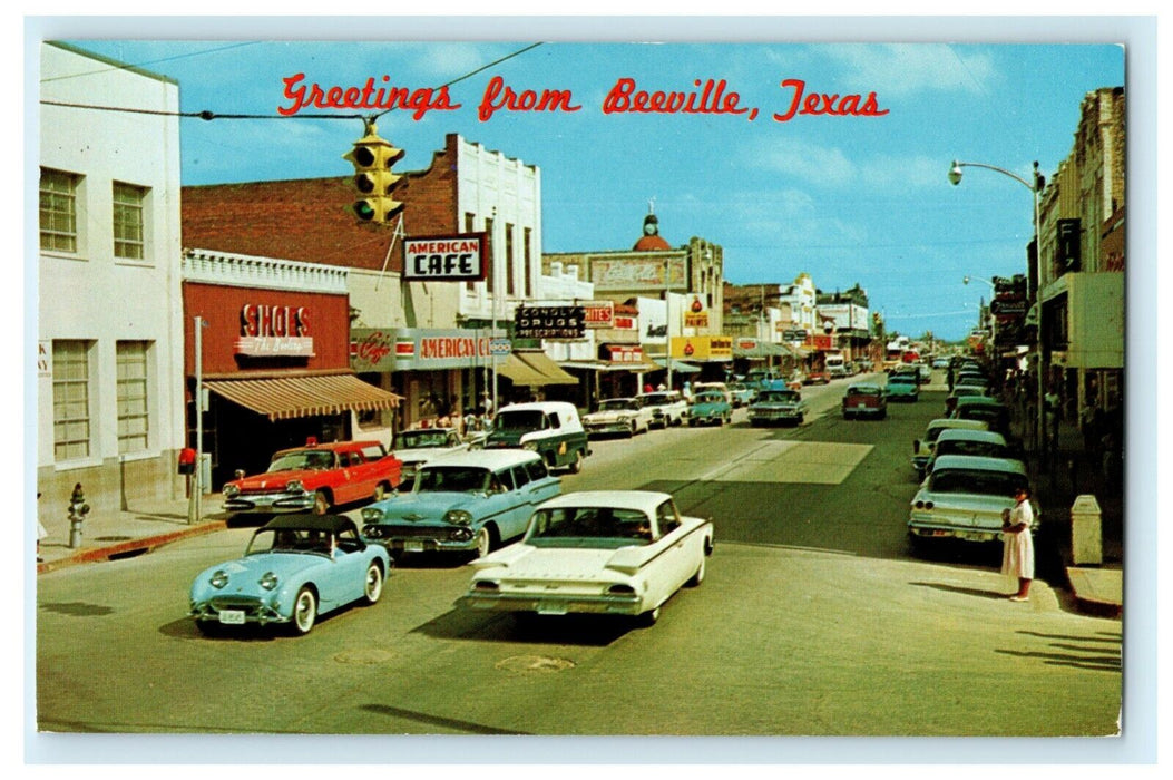 1962 Greetings From Beeville Texas TX Classic Cars Vintage Postcard