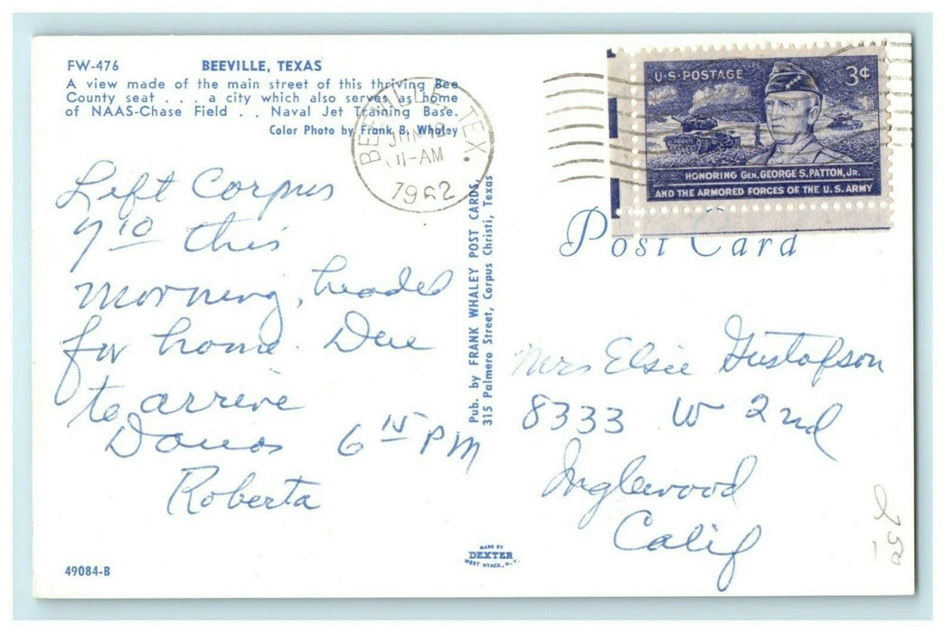 1962 Greetings From Beeville Texas TX Classic Cars Vintage Postcard