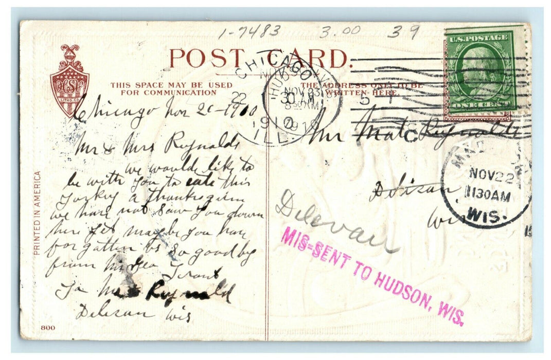 1910 Mis-Sent Hudson Wisconsin Thanksgiving Turkey Wishbone Postcard