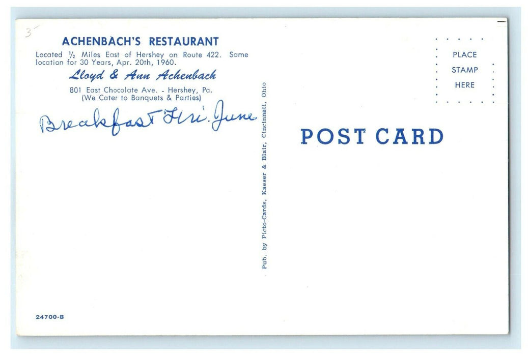 1960's Achenbach's Restaurant Old Cars Hershey Pennsylvania PA Vintage Postcard